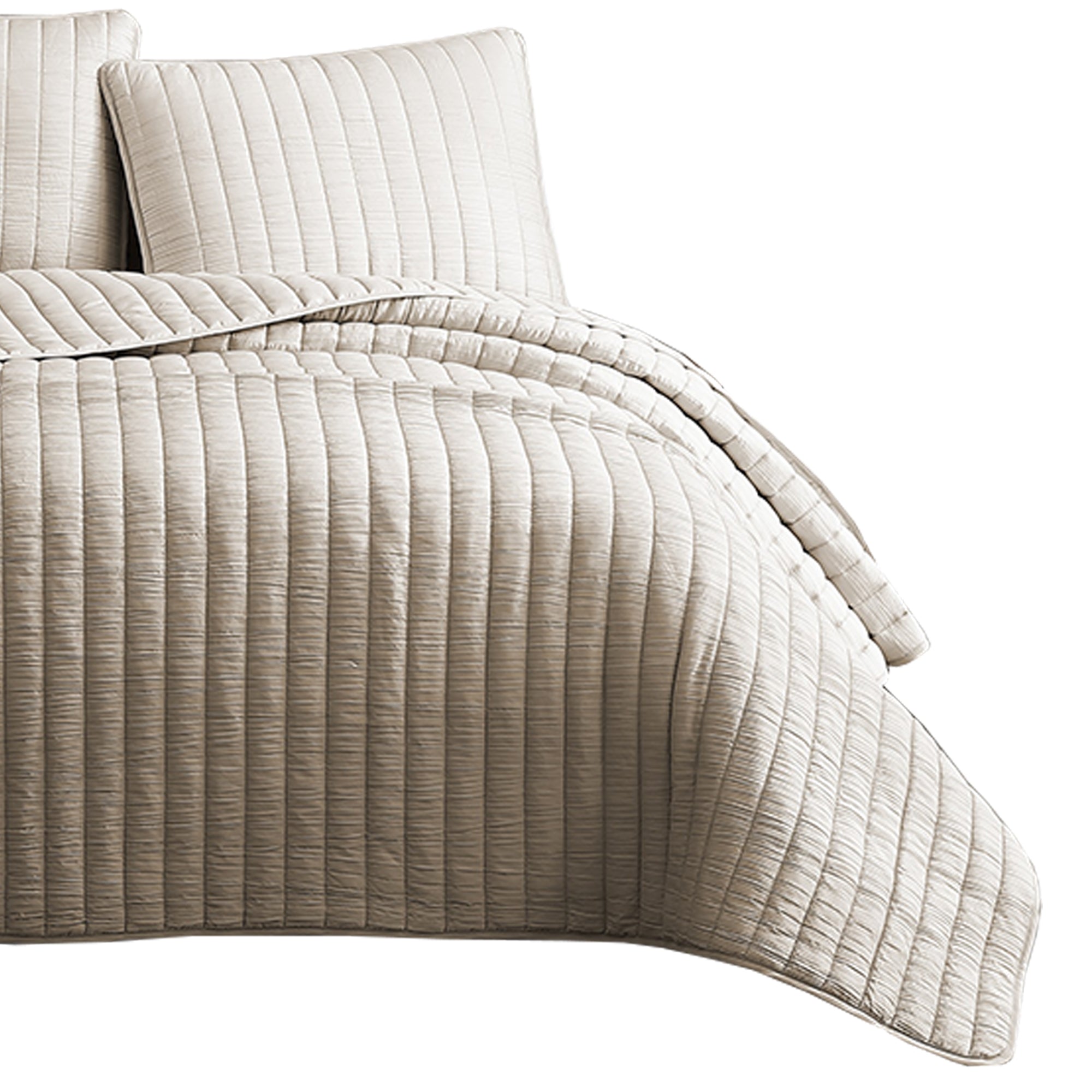 Benjara 3 Piece Crinkles King Size Coverlet Set with Vertical Stitching, Brown