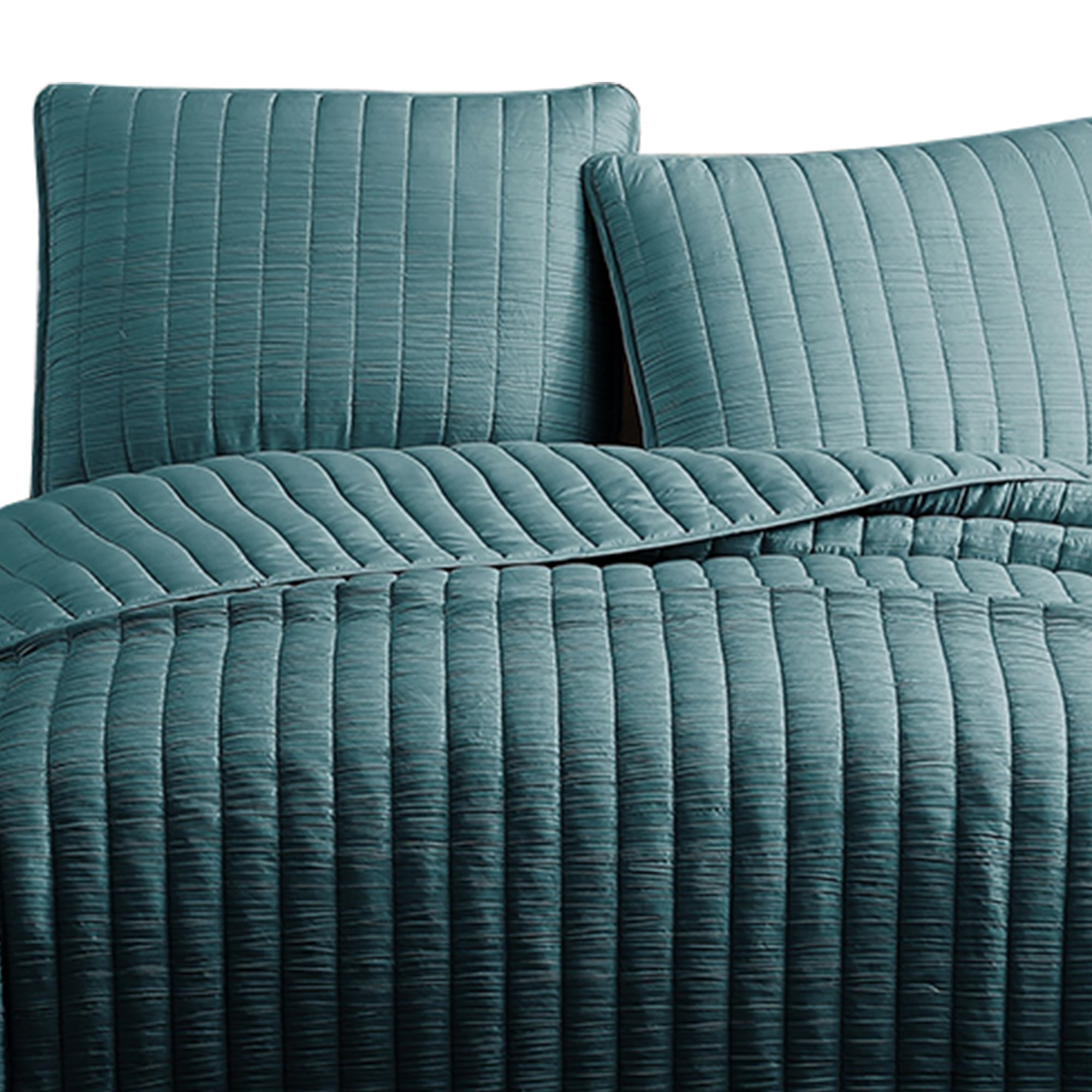 Benjara 3 Piece Crinkle King Coverlet Set with Vertical Stitching, Turquoise Blue
