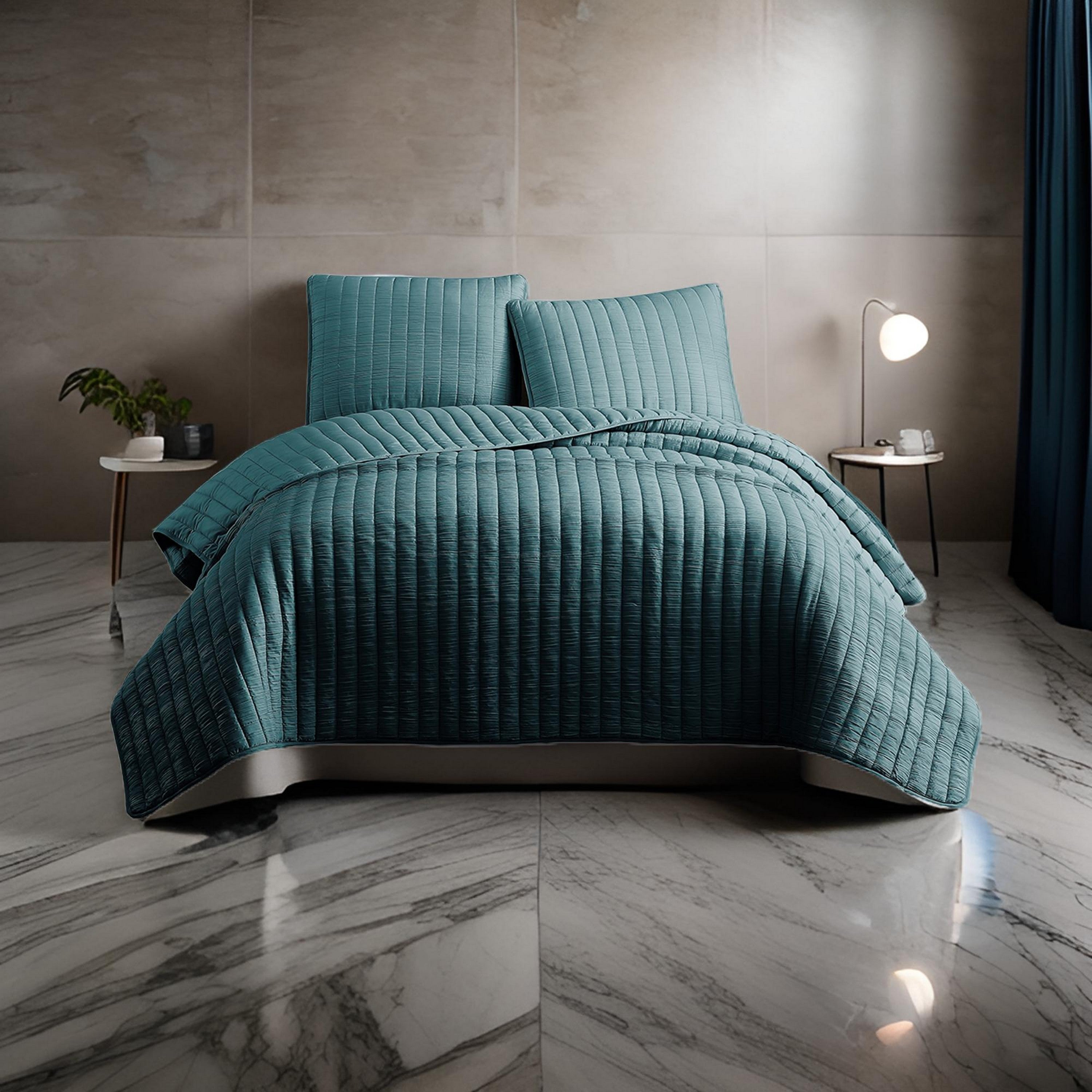 Benjara 3 Piece Crinkle King Coverlet Set with Vertical Stitching, Turquoise Blue