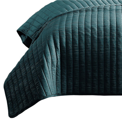 Benjara 3 Piece Crinkle Queen Coverlet Set with Vertical Stitching, Turquoise Blue