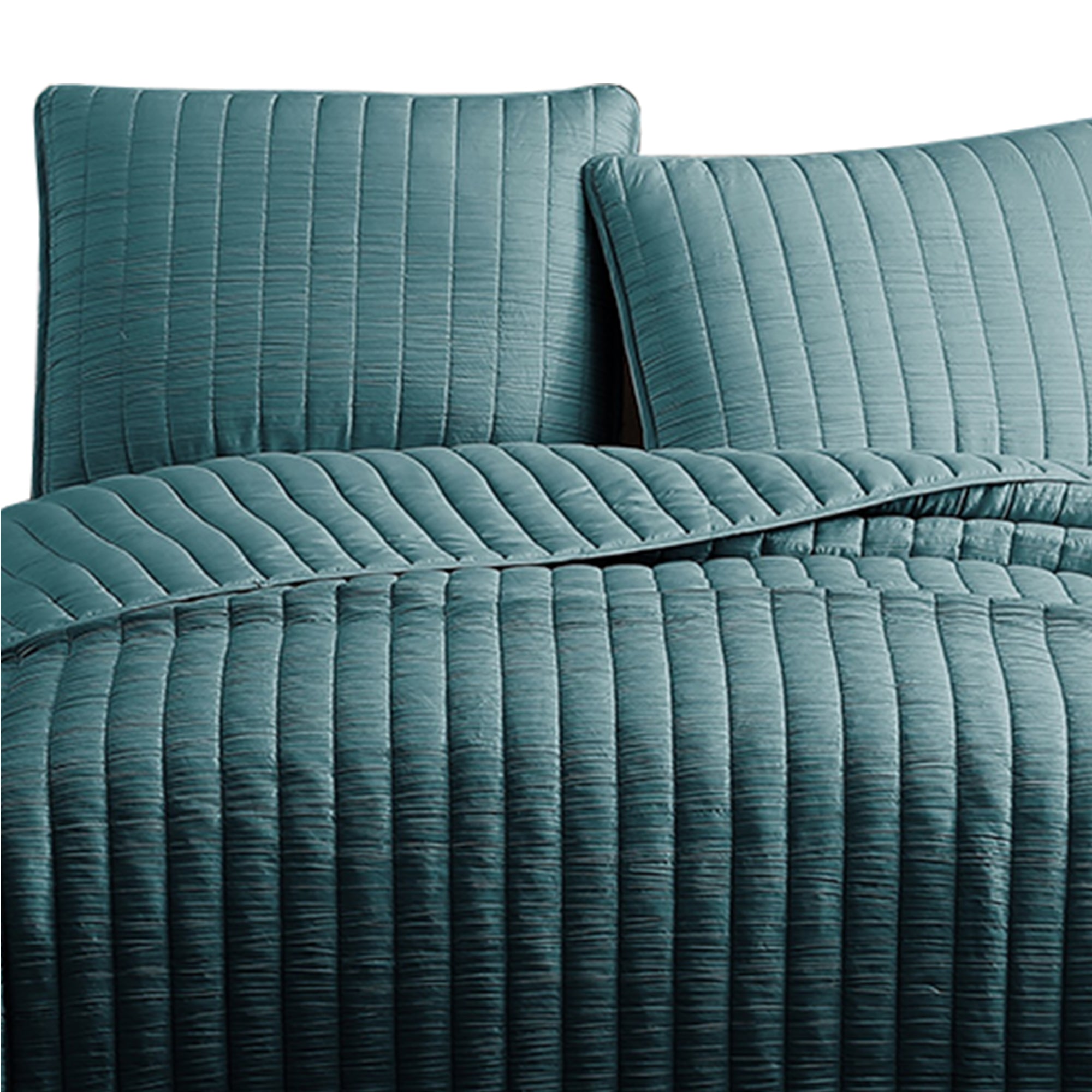 Benjara 3 Piece Crinkle Queen Coverlet Set with Vertical Stitching, Turquoise Blue