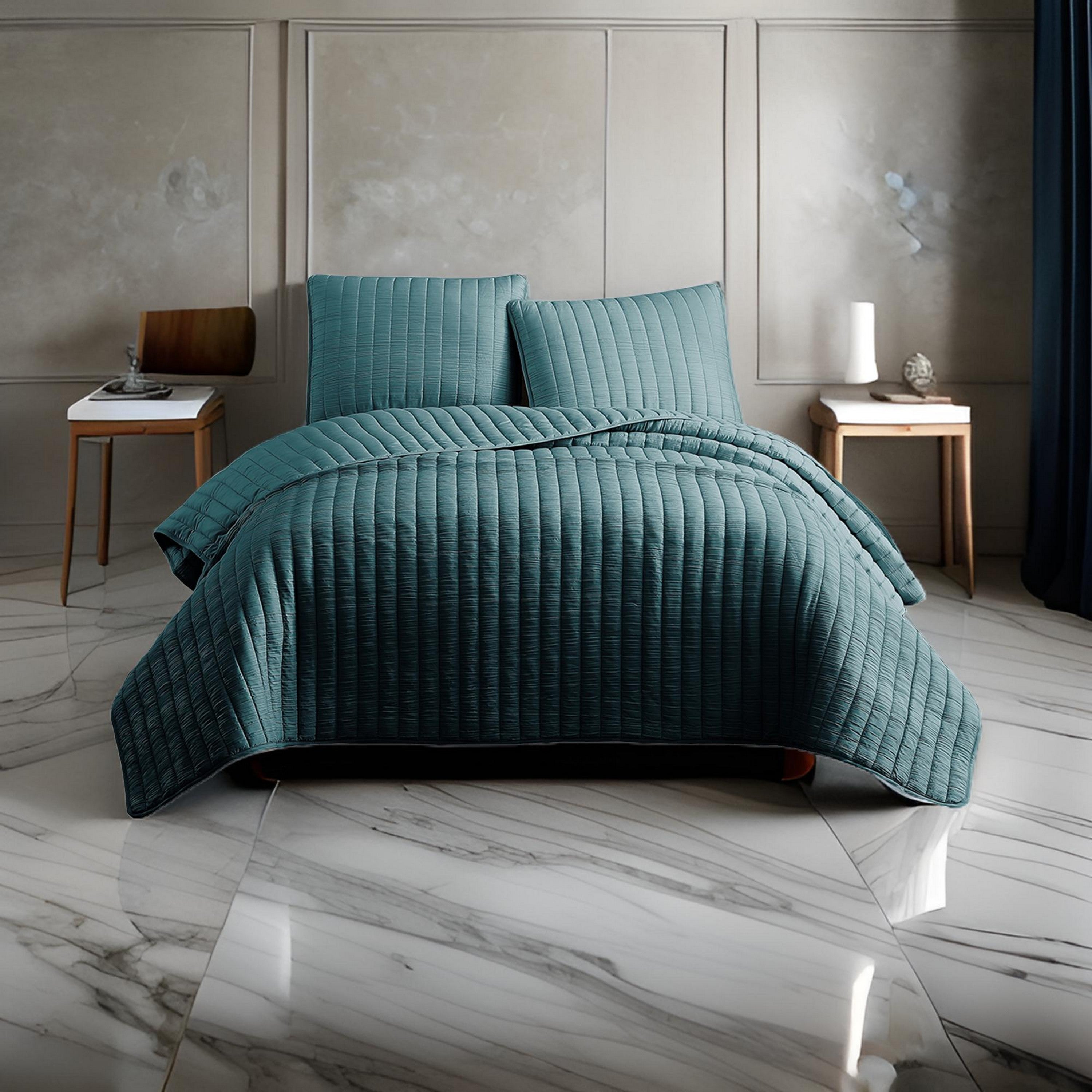 Benjara 3 Piece Crinkle Queen Coverlet Set with Vertical Stitching, Turquoise Blue
