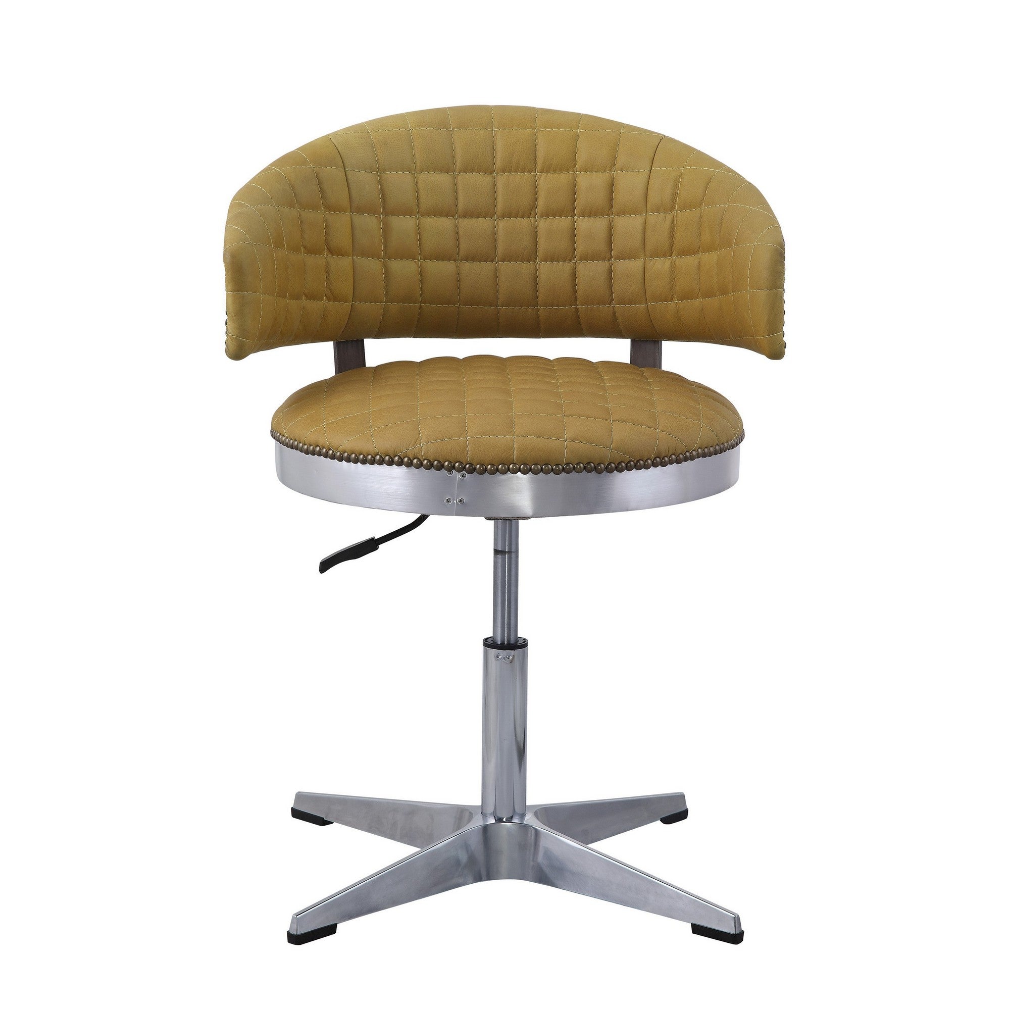 Benjara Swivel Leatherette Chair with Curved Back And Metal Star Base, Yellow