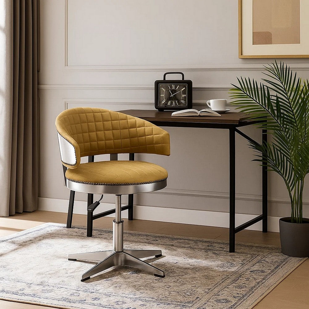 Benjara Swivel Leatherette Chair with Curved Back And Metal Star Base, Yellow