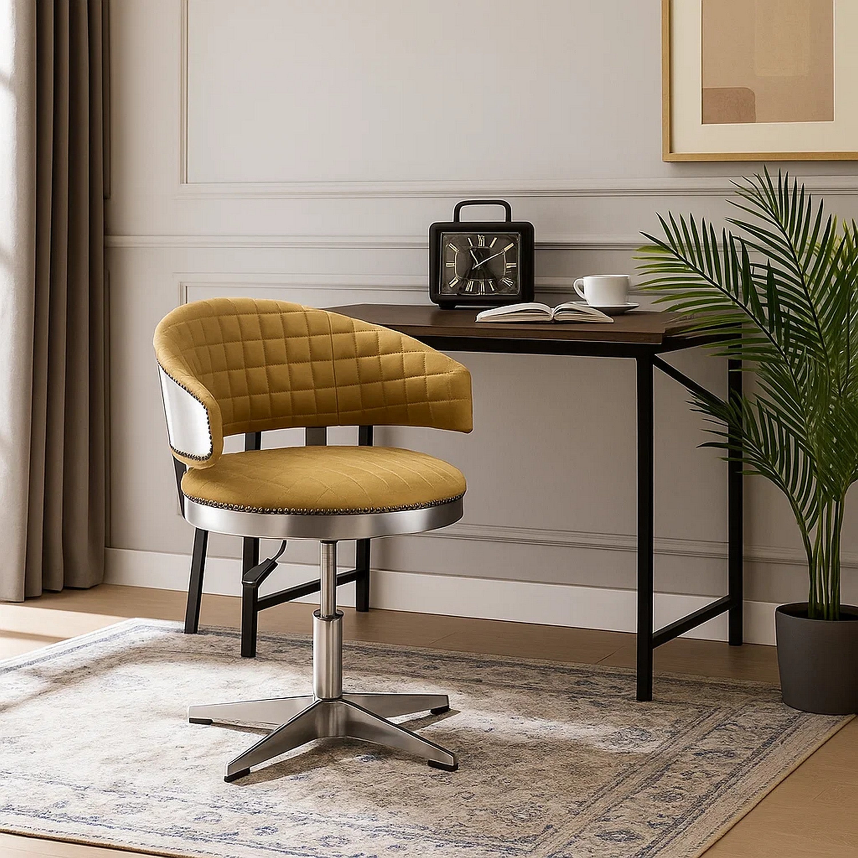 Benjara Swivel Leatherette Chair with Curved Back And Metal Star Base, Yellow