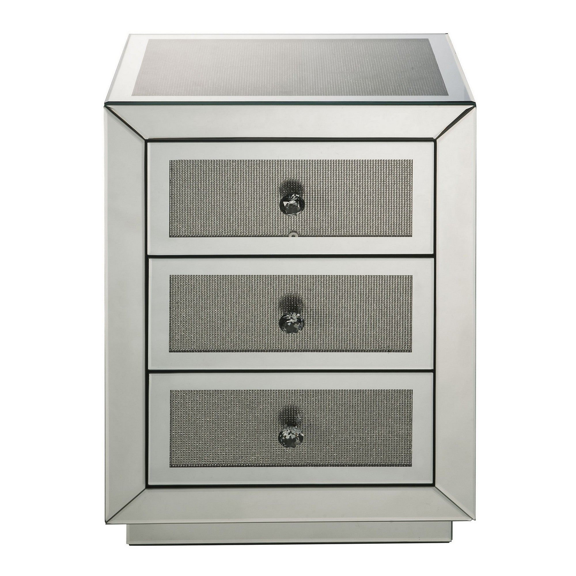 Benjara 3 Drawer Mirrored Accent Table with Faux Diamond Inlay, Silver