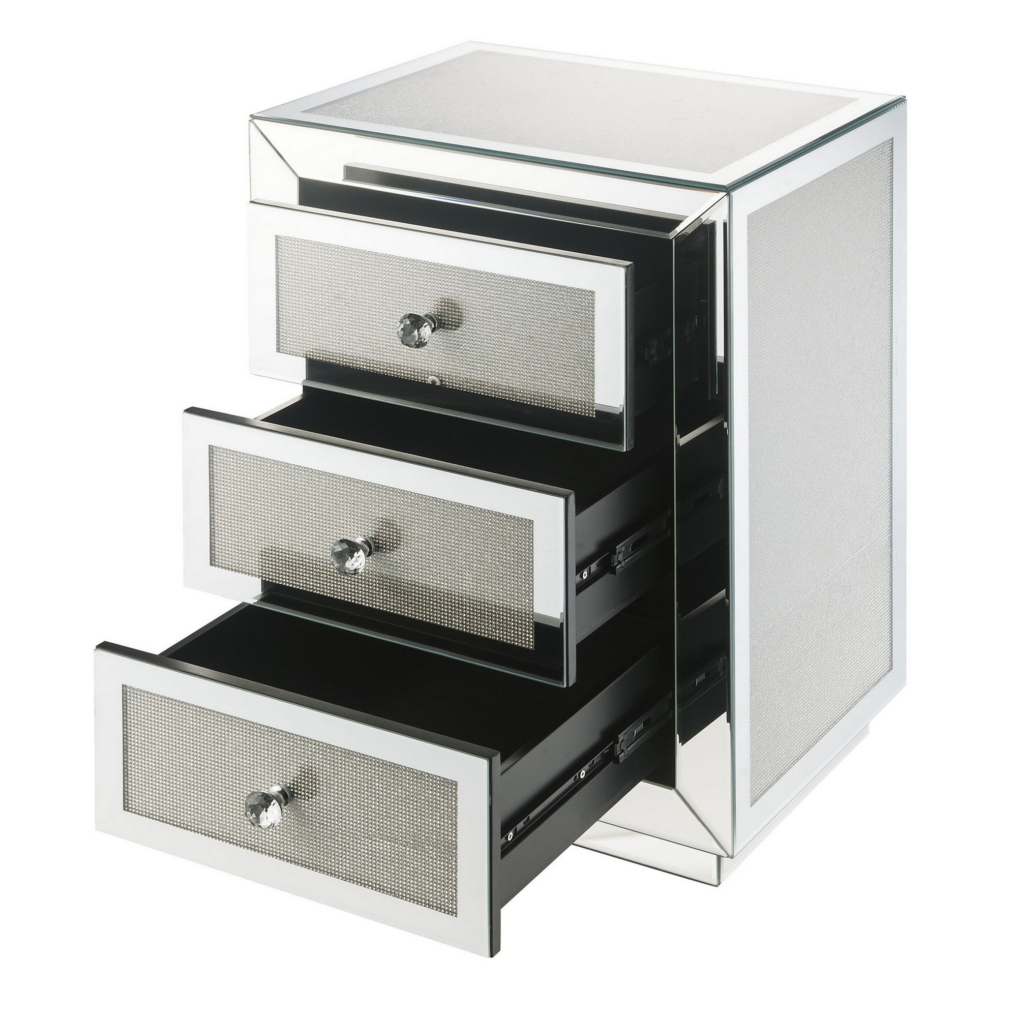 Benjara 3 Drawer Mirrored Accent Table with Faux Diamond Inlay, Silver