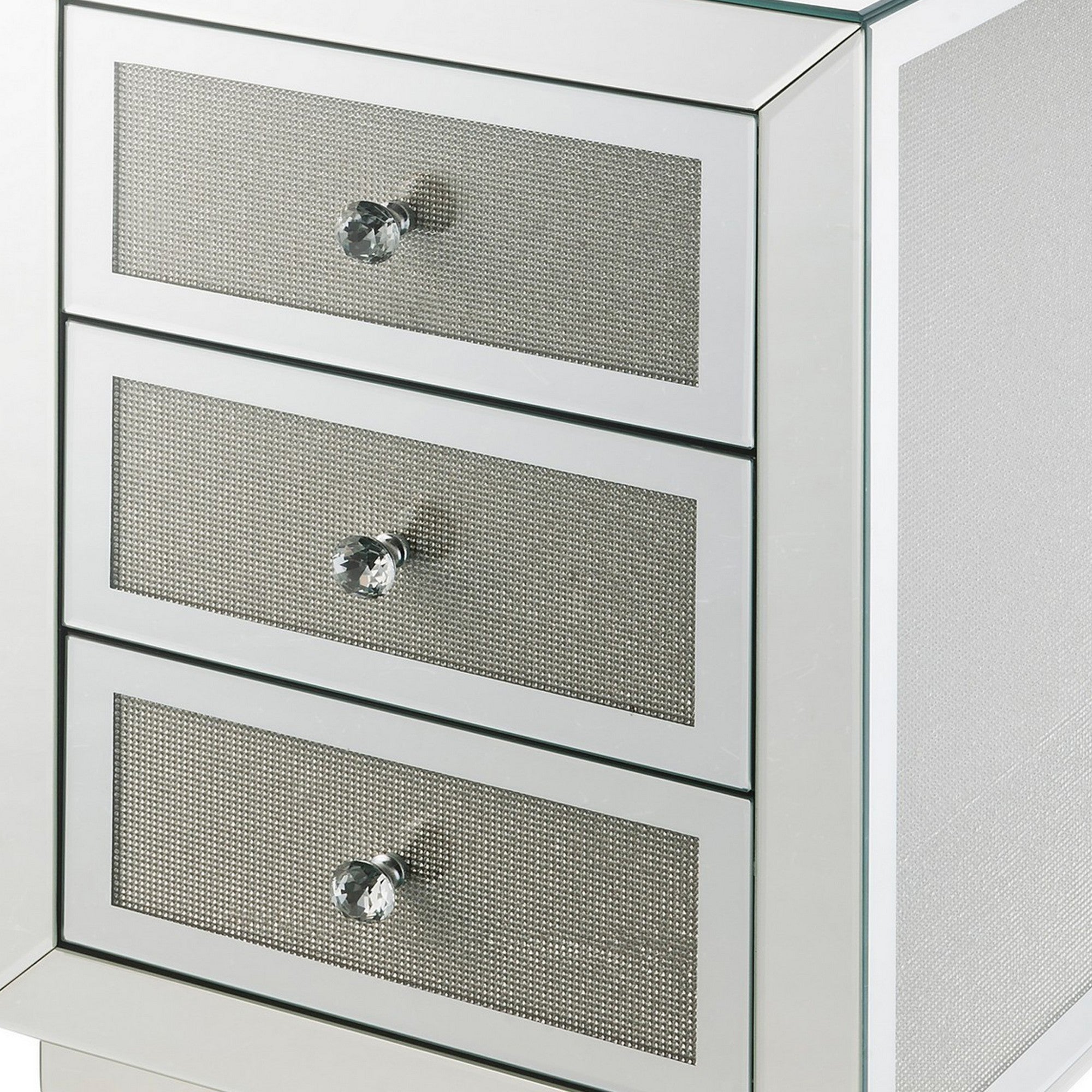 Benjara 3 Drawer Mirrored Accent Table with Faux Diamond Inlay, Silver