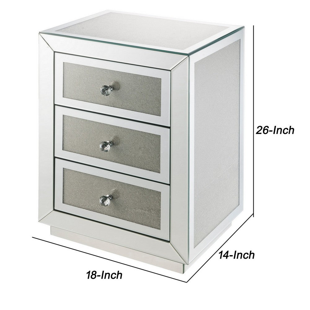 Benjara 3 Drawer Mirrored Accent Table with Faux Diamond Inlay, Silver