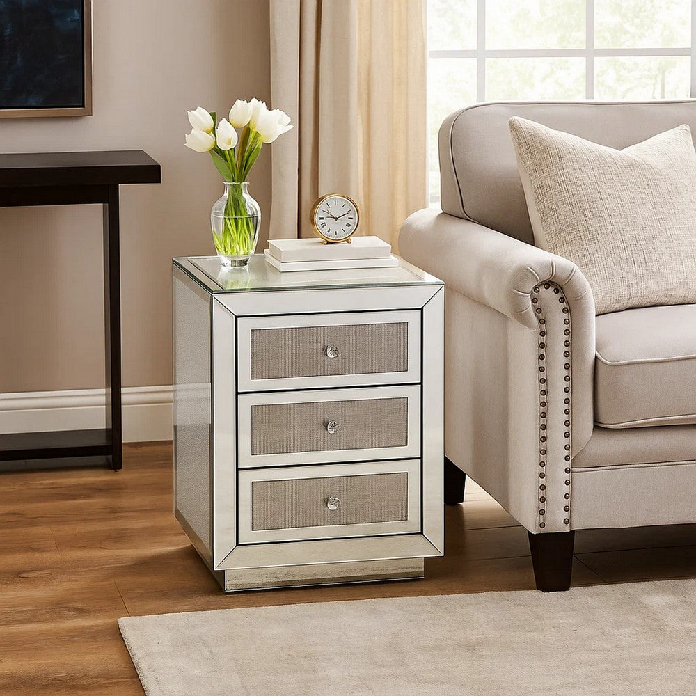 Benjara 3 Drawer Mirrored Accent Table with Faux Diamond Inlay, Silver