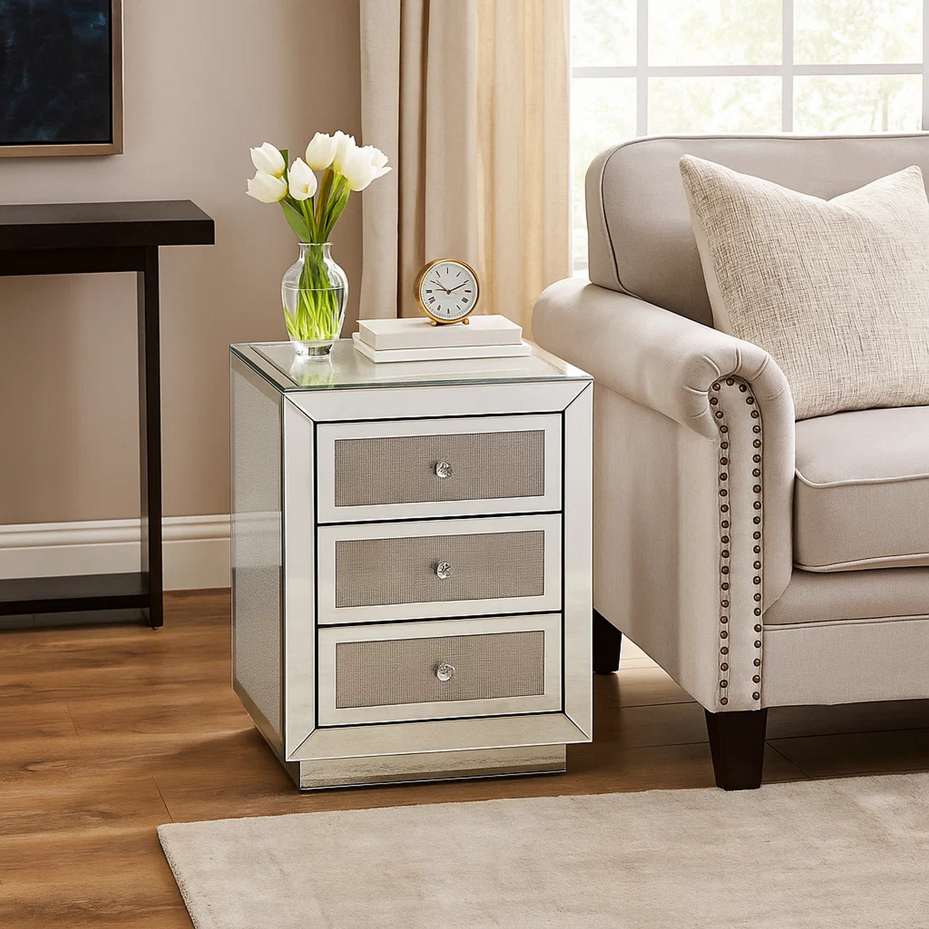 Benjara 3 Drawer Mirrored Accent Table with Faux Diamond Inlay, Silver
