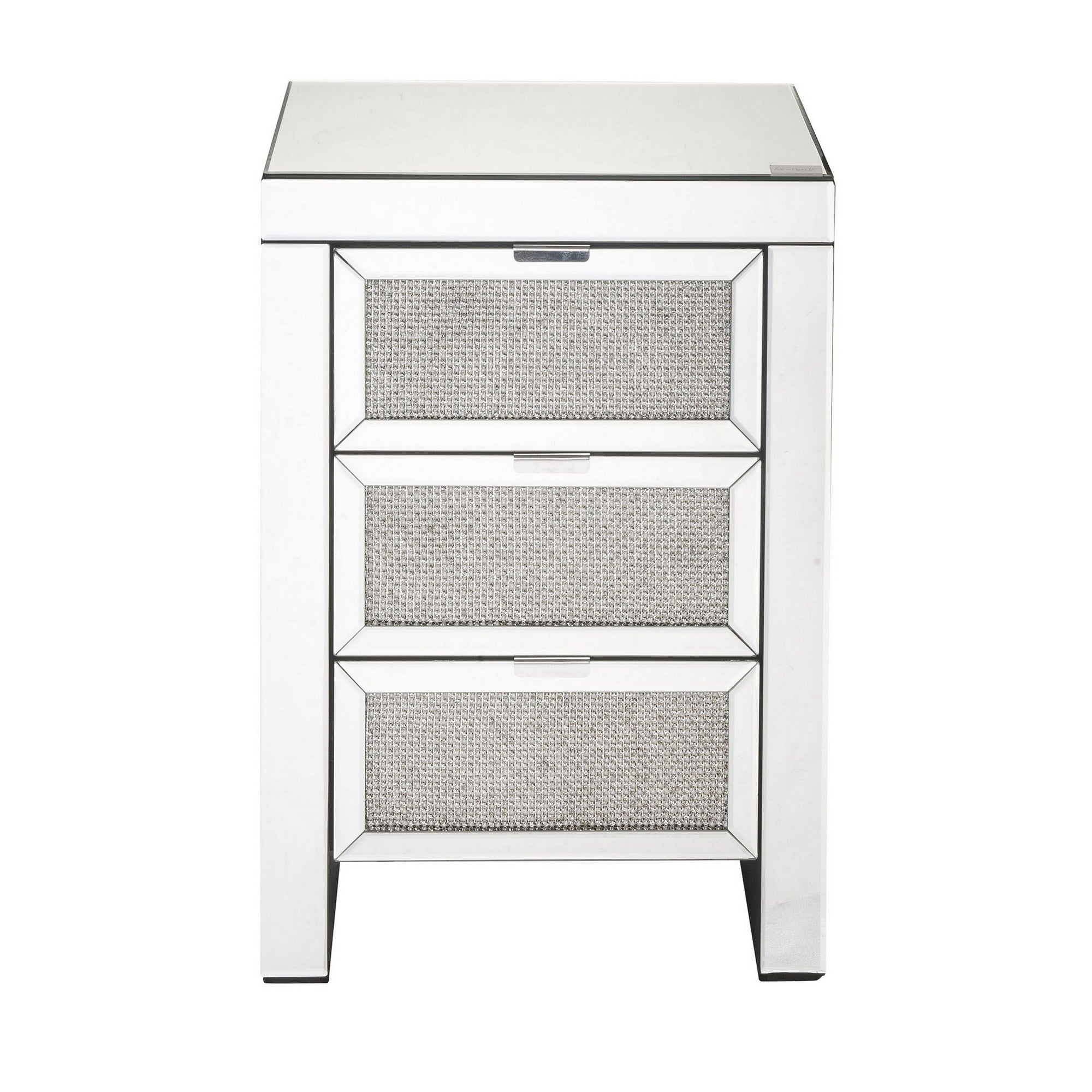 Benjara 3 Drawer Beveled Mirrored Accent Table with Faux Diamond Inlay, Silver