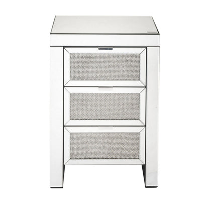Benjara 3 Drawer Beveled Mirrored Accent Table with Faux Diamond Inlay, Silver