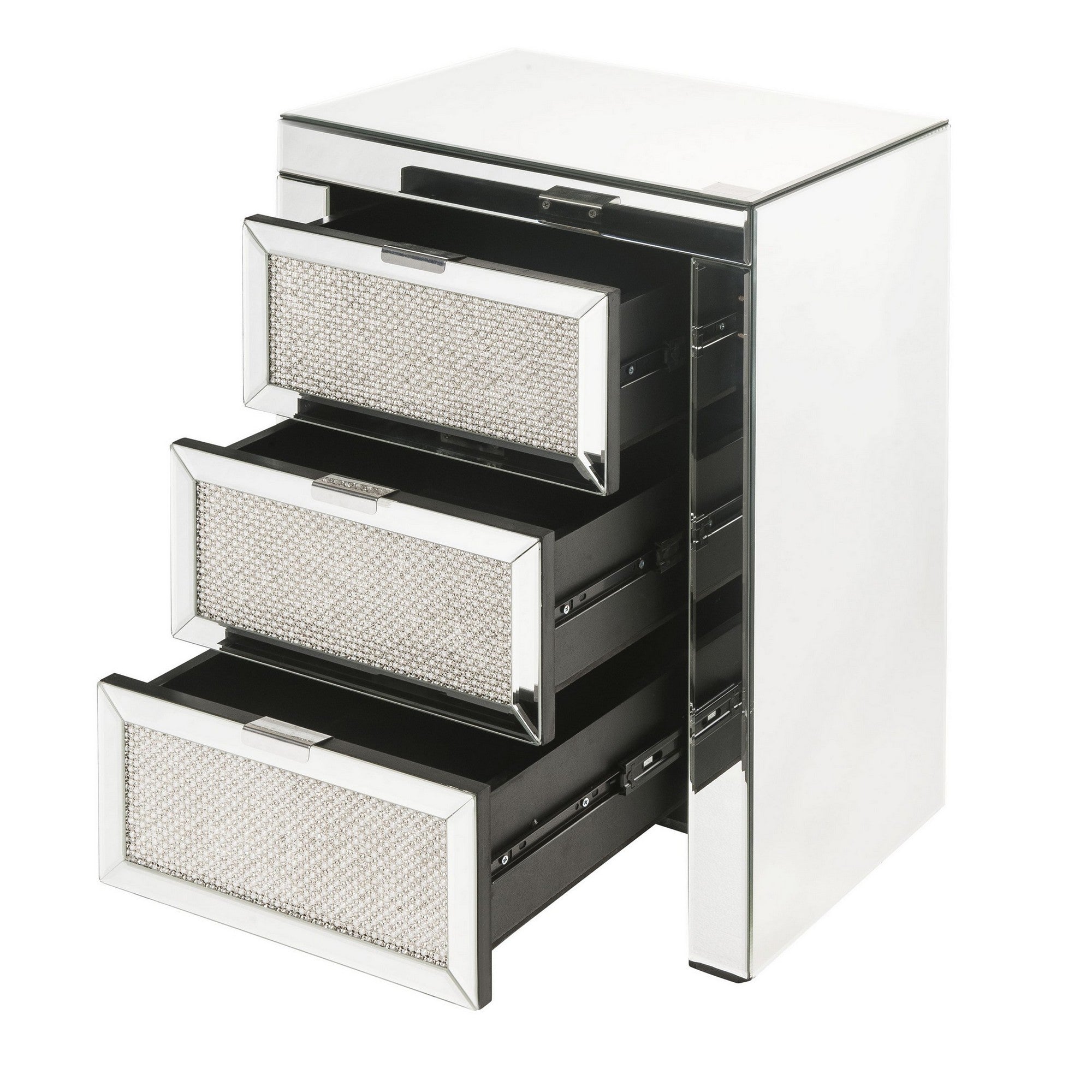 Benjara 3 Drawer Beveled Mirrored Accent Table with Faux Diamond Inlay, Silver