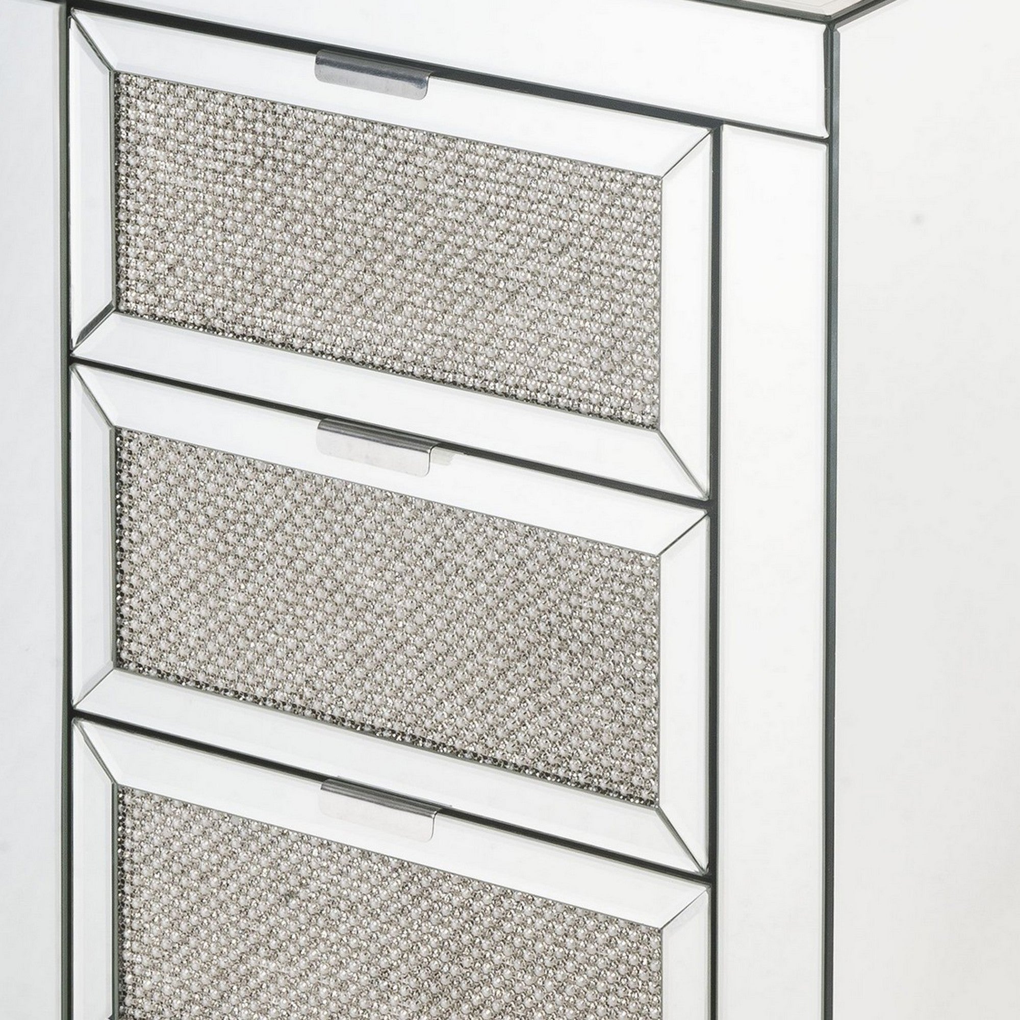 Benjara 3 Drawer Beveled Mirrored Accent Table with Faux Diamond Inlay, Silver