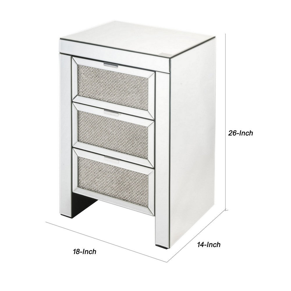 Benjara 3 Drawer Beveled Mirrored Accent Table with Faux Diamond Inlay, Silver