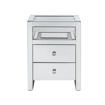 Benjara 2 Drawer Beveled Mirrored Accent Table with Glass Top And LED, Silver