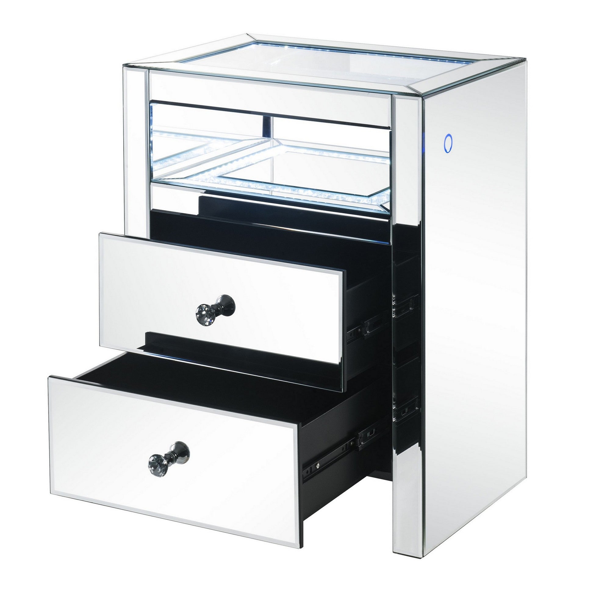 Benjara 2 Drawer Beveled Mirrored Accent Table with Glass Top And LED, Silver