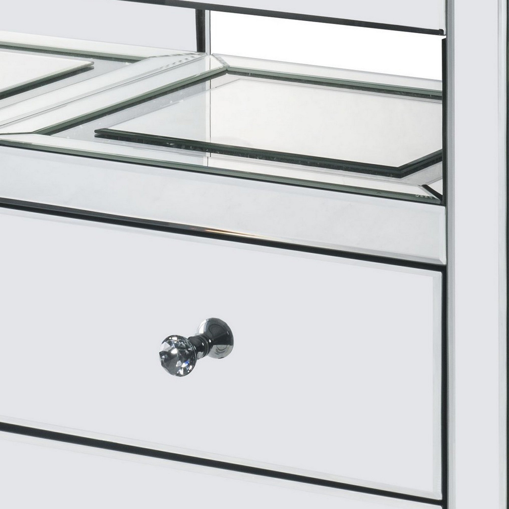 Benjara 2 Drawer Beveled Mirrored Accent Table with Glass Top And LED, Silver