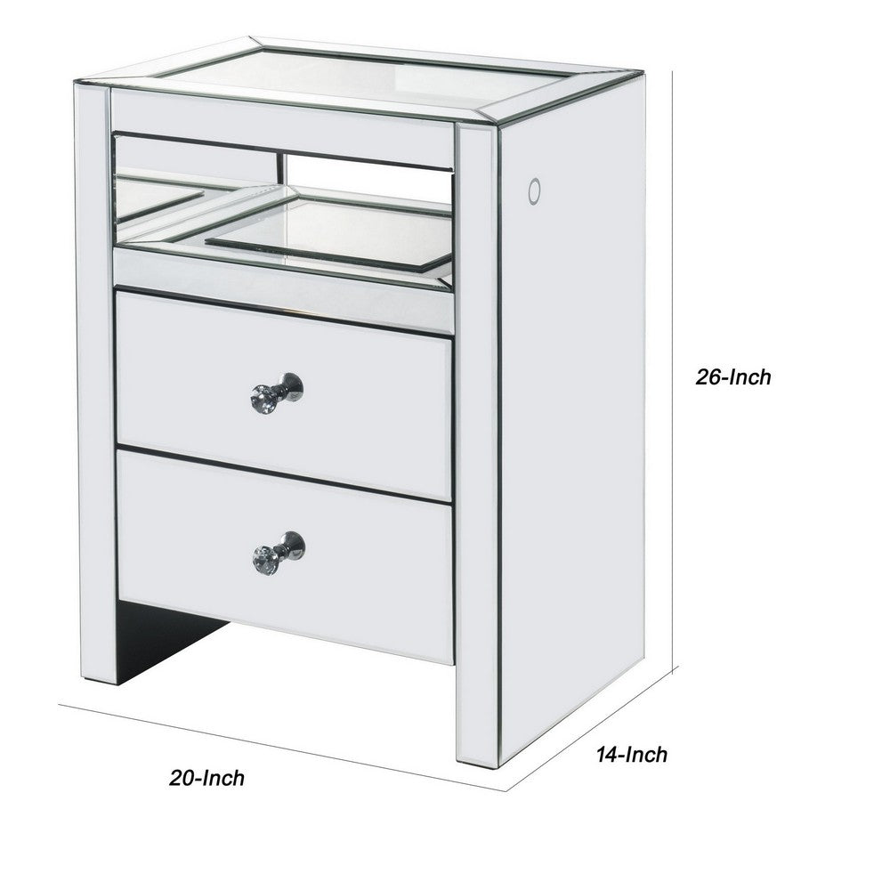 Benjara 2 Drawer Beveled Mirrored Accent Table with Glass Top And LED, Silver