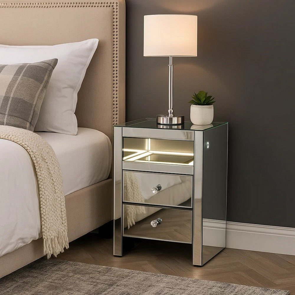 Benjara 2 Drawer Beveled Mirrored Accent Table with Glass Top And LED, Silver