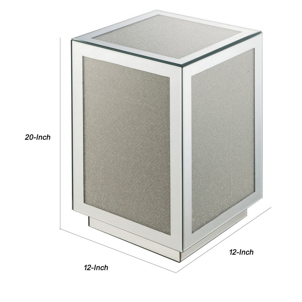 Benjara Mirrored Accent Table with Faux Diamond Inlay And Glass Top, Silver
