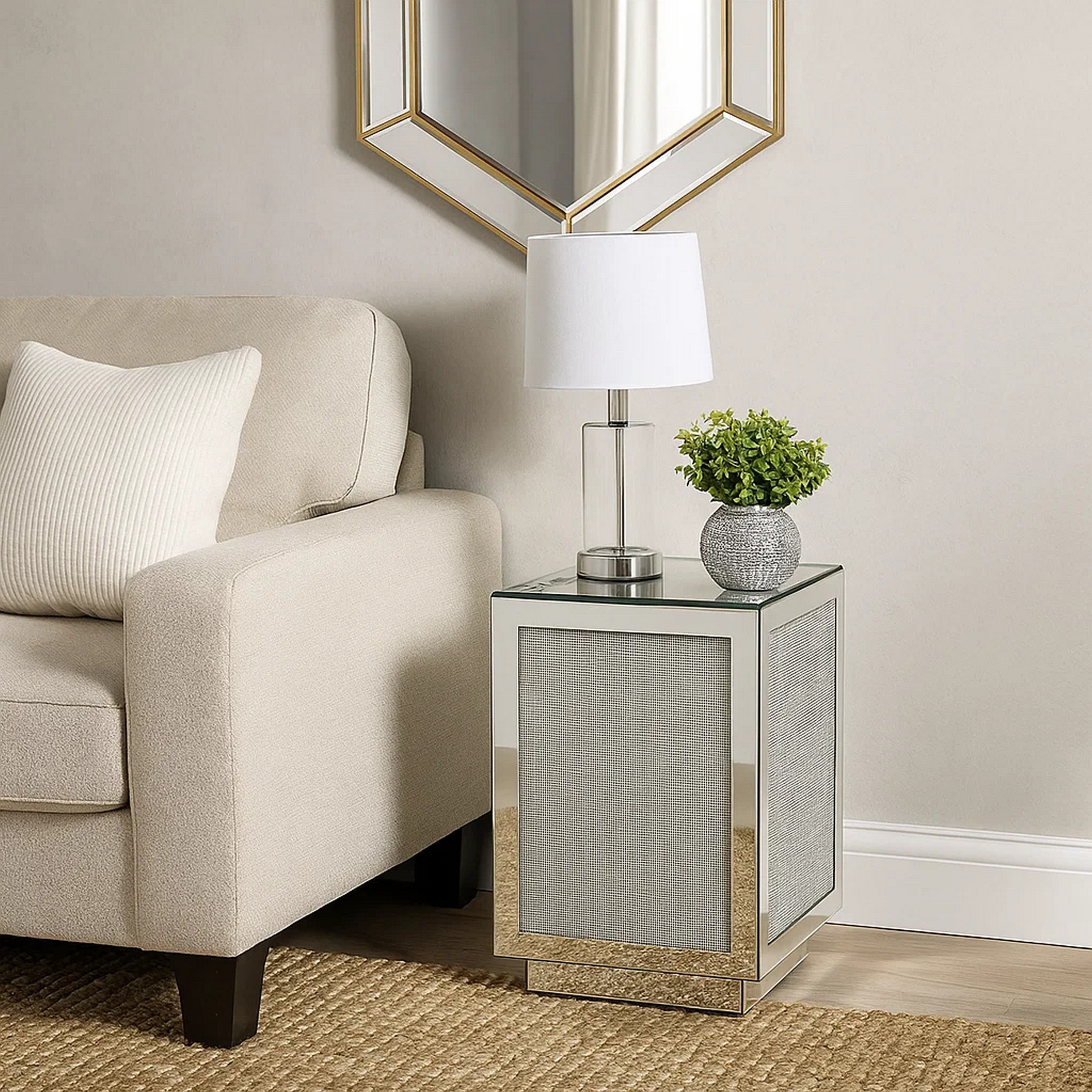 Benjara Mirrored Accent Table with Faux Diamond Inlay And Glass Top, Silver