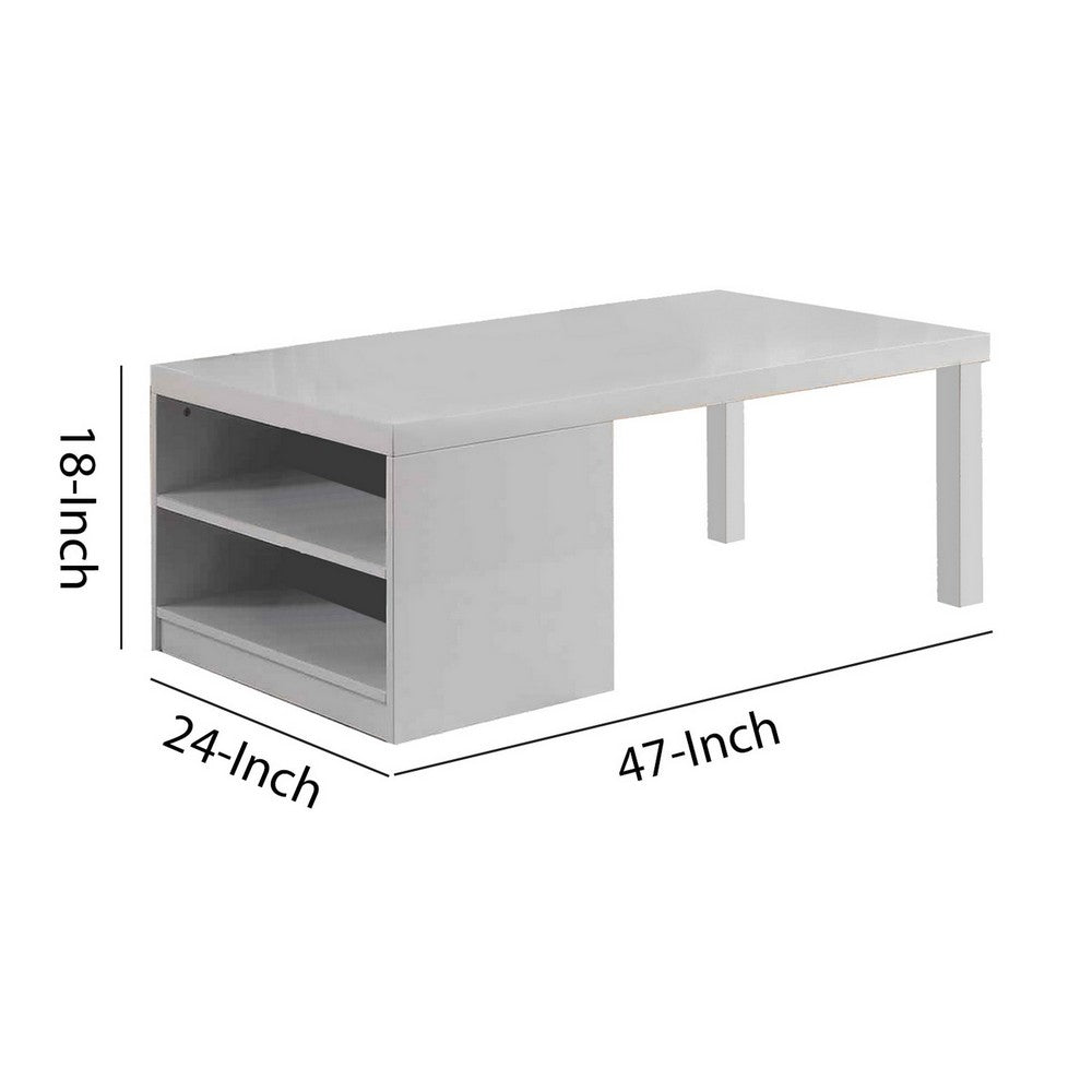 Benjara Wood And Metal Frame Coffee Table with Open Shelves, White And Chrome