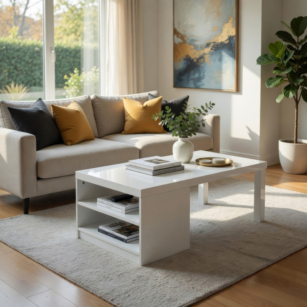 Benjara Wood And Metal Frame Coffee Table with Open Shelves, White And Chrome