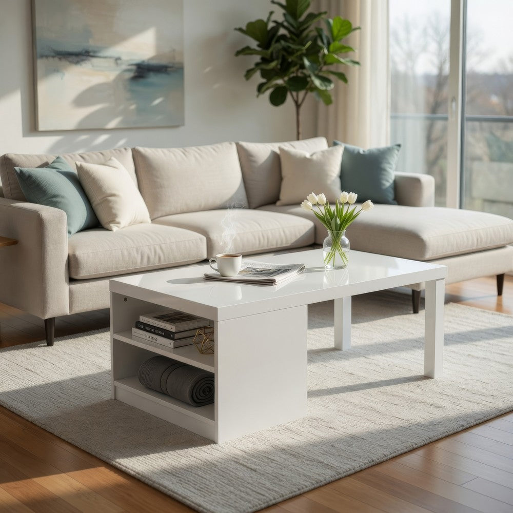 Benjara Wood And Metal Frame Coffee Table with Open Shelves, White And Chrome