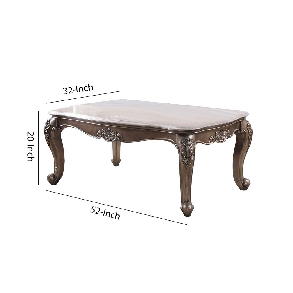 Benjara Faux Marble Top Engraved Wooden Frame Coffee Table, Off White And Gold