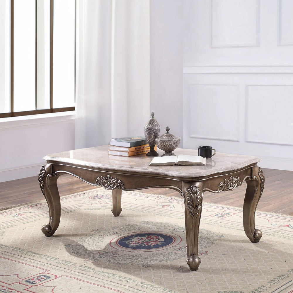 Benjara Faux Marble Top Engraved Wooden Frame Coffee Table, Off White And Gold
