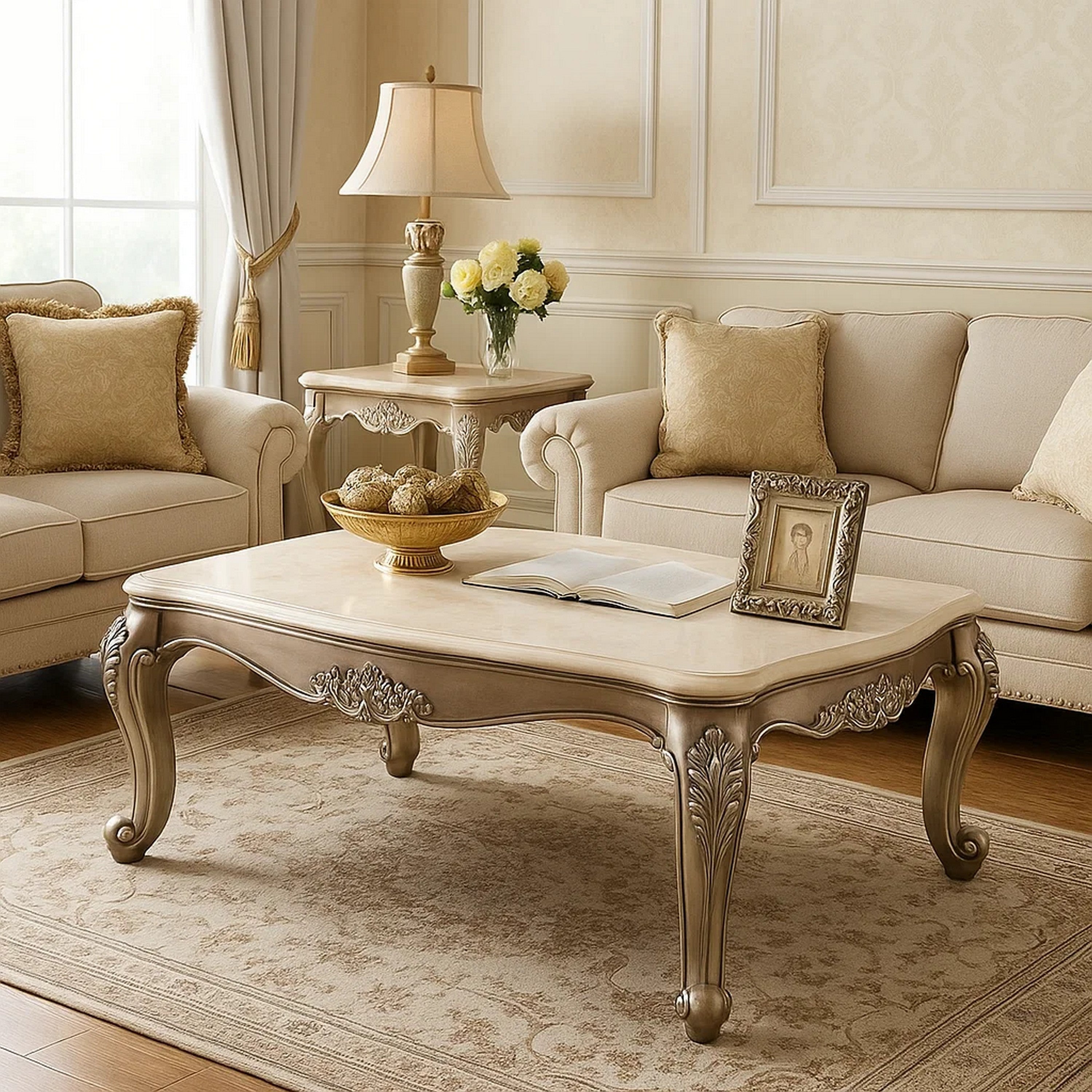 Benjara Faux Marble Top Engraved Wooden Frame Coffee Table, Off White And Gold
