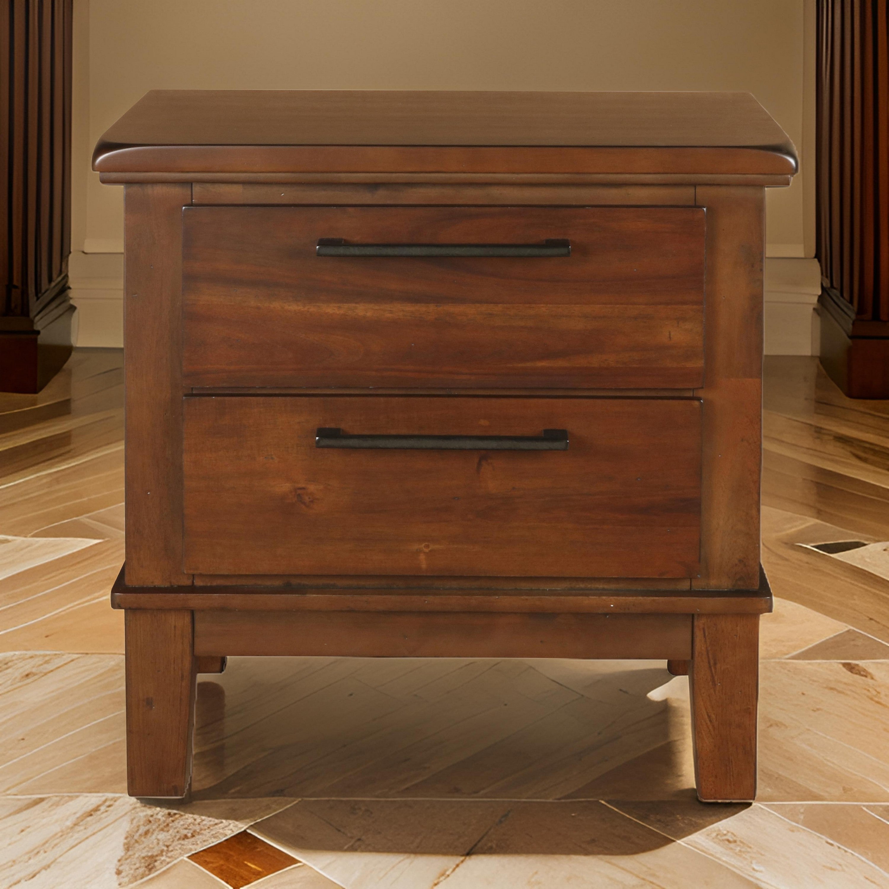 Benjara Wooden Nightstand with Chamfered Legs And 2 Spacious Drawers, Brown