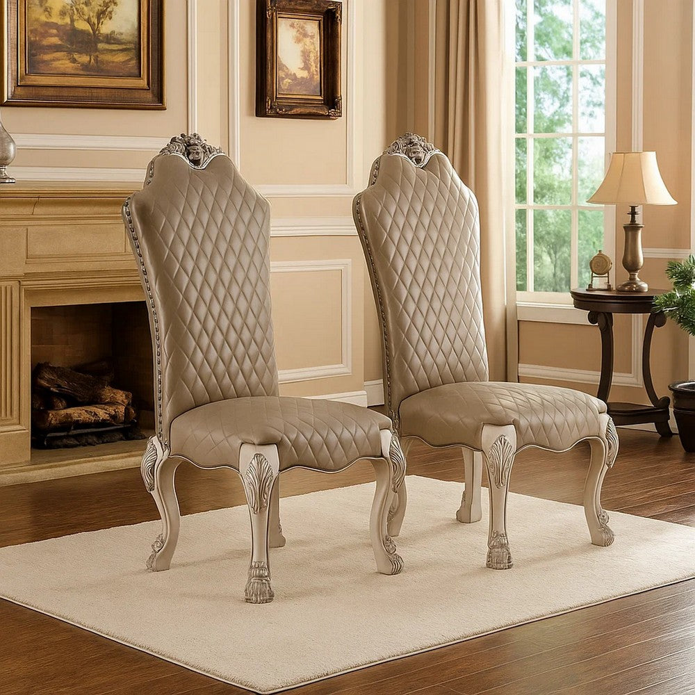 Benjara Leatherette Side Chair with High Back And Claw Legs, Set of 2,Antique White