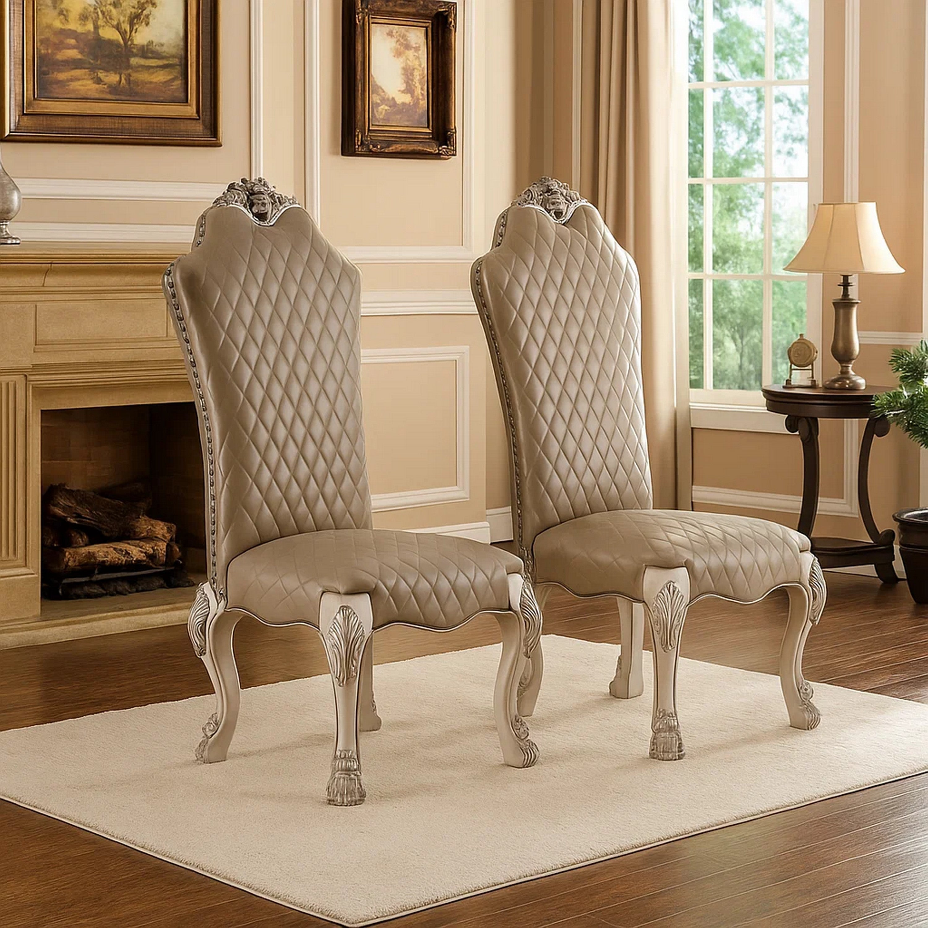 Benjara Leatherette Side Chair with High Back And Claw Legs, Set of 2,Antique White