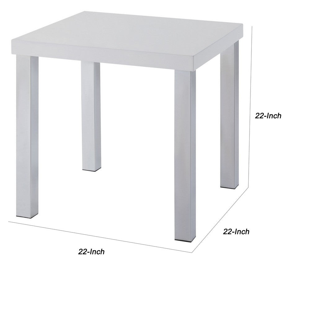 Benjara Square Wooden End Table with Straight Metal Legs, White And Chrome