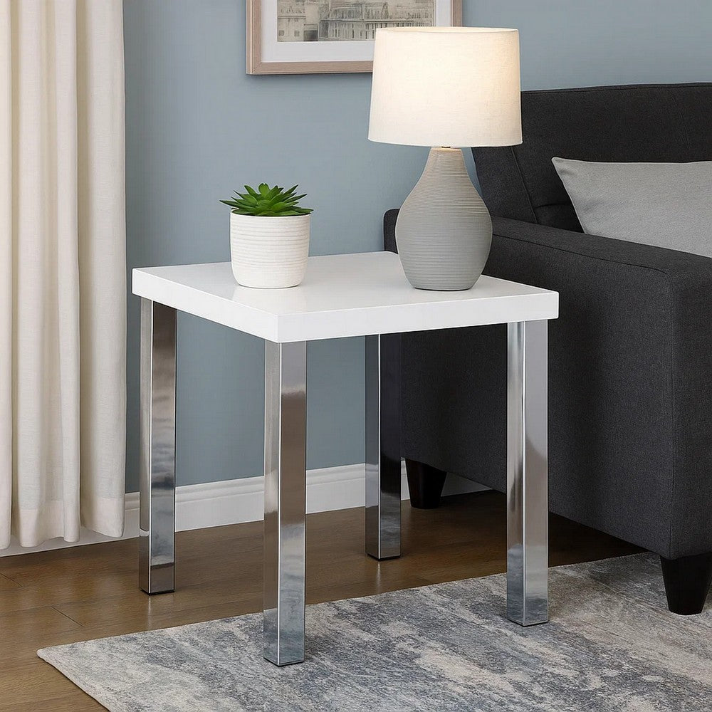 Benjara Square Wooden End Table with Straight Metal Legs, White And Chrome