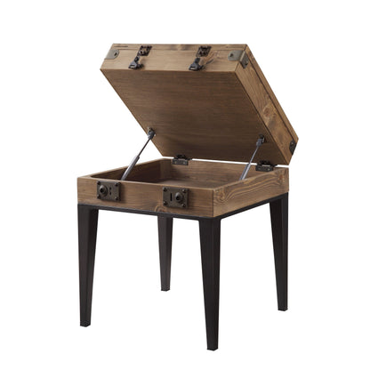 Benjara Trunk Style Accent Table with Glass Top Encasing And Metal Tapered, Brown