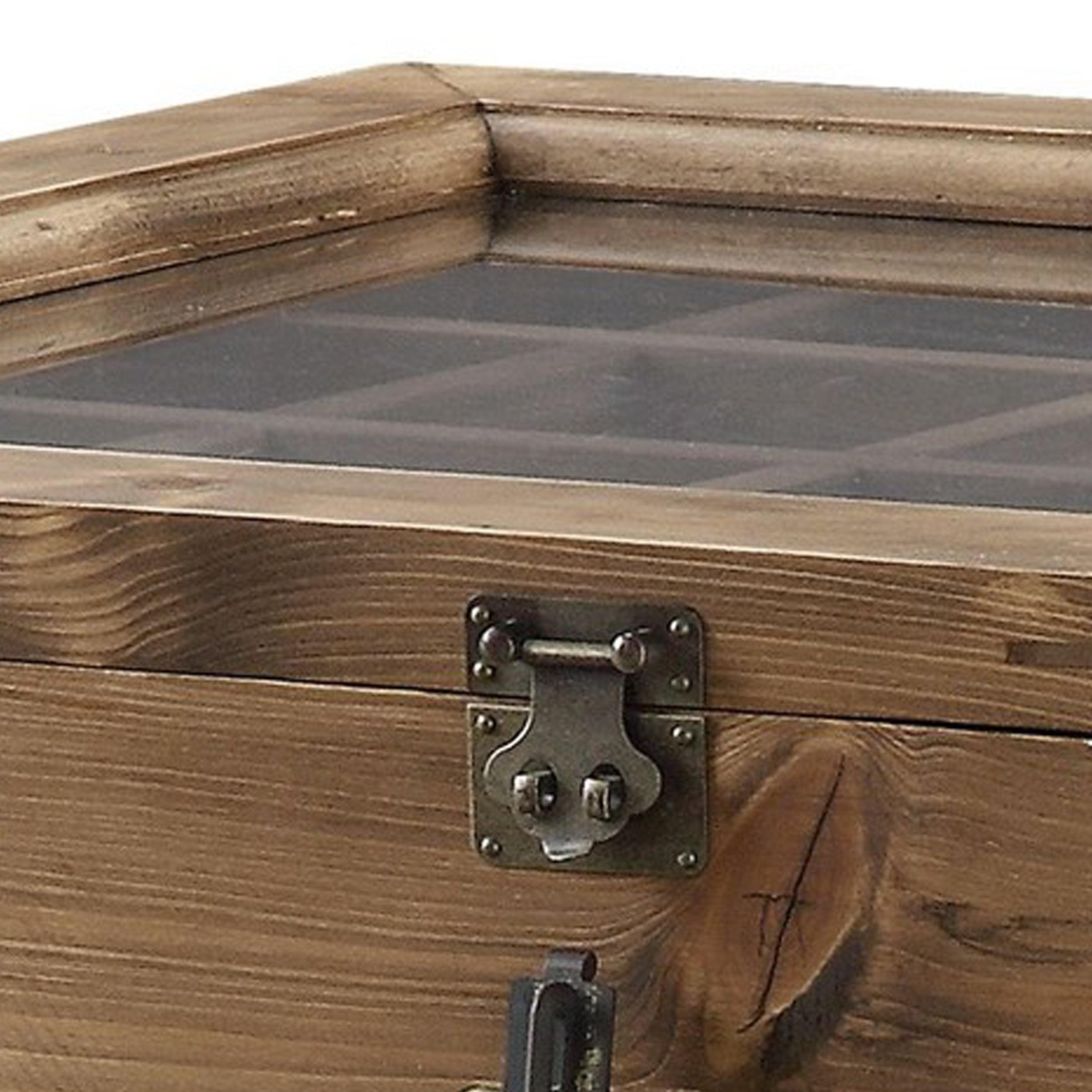 Benjara Trunk Style Accent Table with Glass Top Encasing And Metal Tapered, Brown