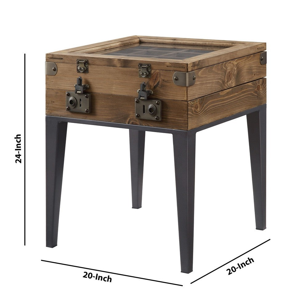 Benjara Trunk Style Accent Table with Glass Top Encasing And Metal Tapered, Brown