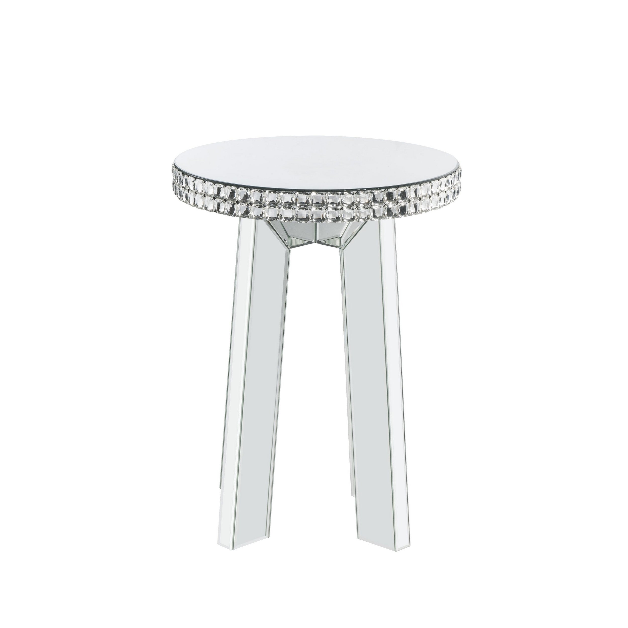 Benjara Round Mirror Panel Inlay End Table with Faux Crystals Accents, Silver