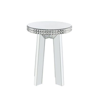 Benjara Round Mirror Panel Inlay End Table with Faux Crystals Accents, Silver