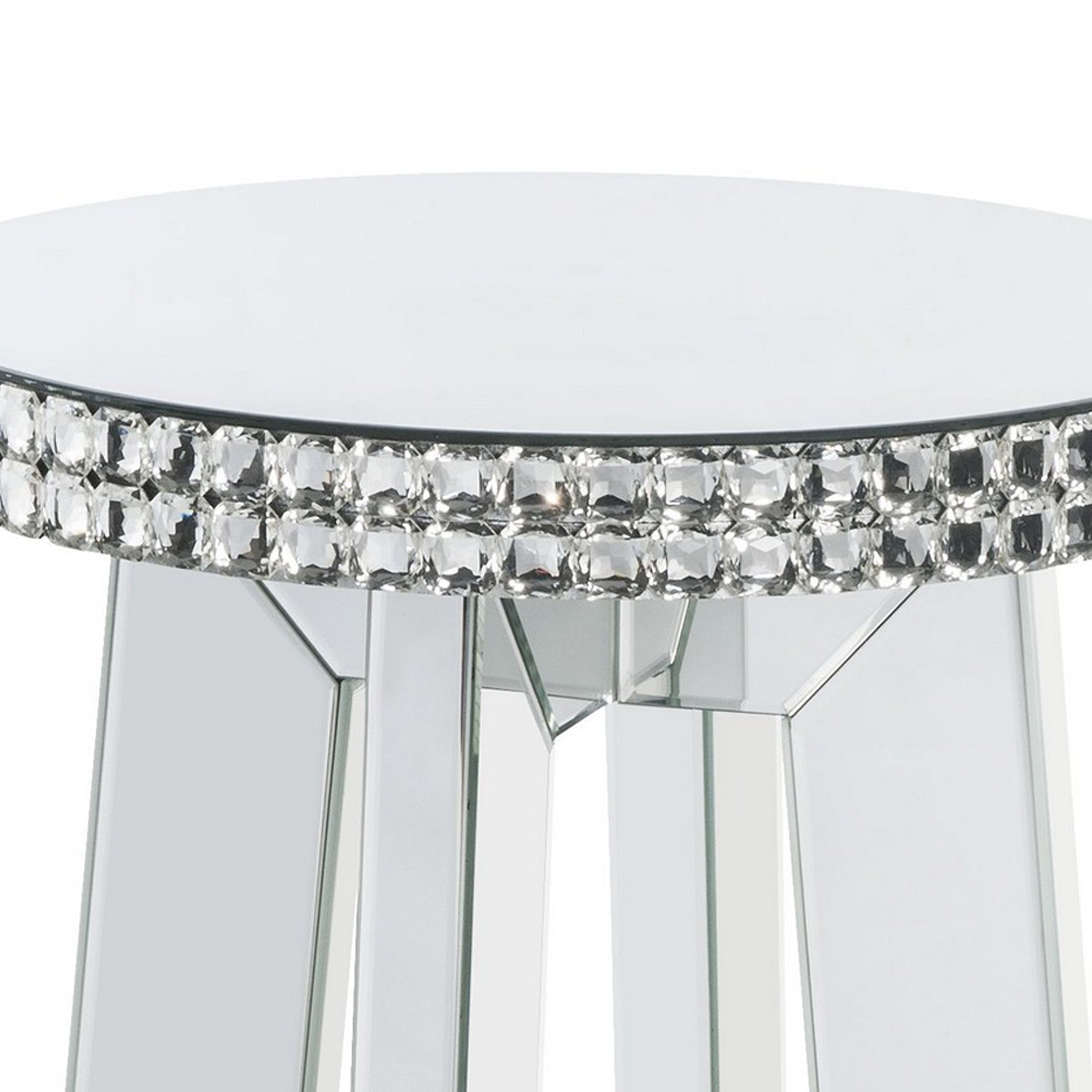 Benjara Round Mirror Panel Inlay End Table with Faux Crystals Accents, Silver
