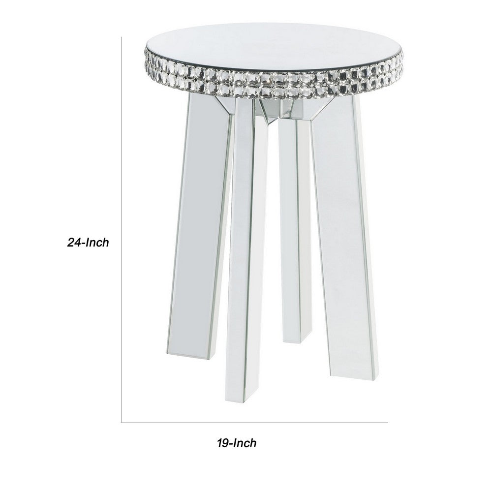 Benjara Round Mirror Panel Inlay End Table with Faux Crystals Accents, Silver