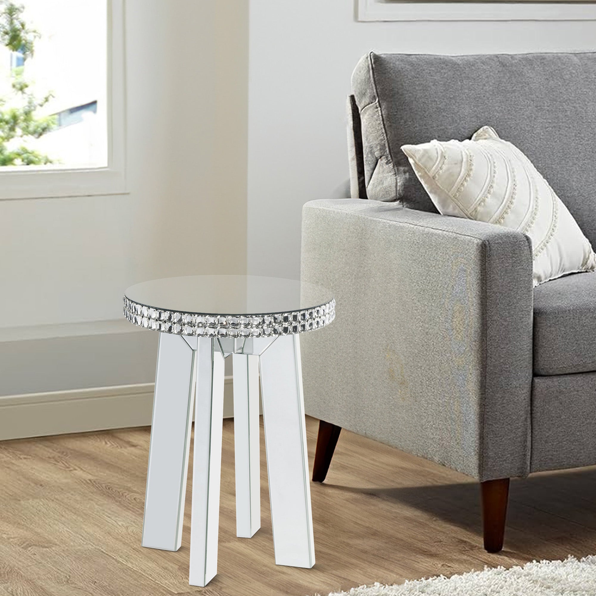 Benjara Round Mirror Panel Inlay End Table with Faux Crystals Accents, Silver