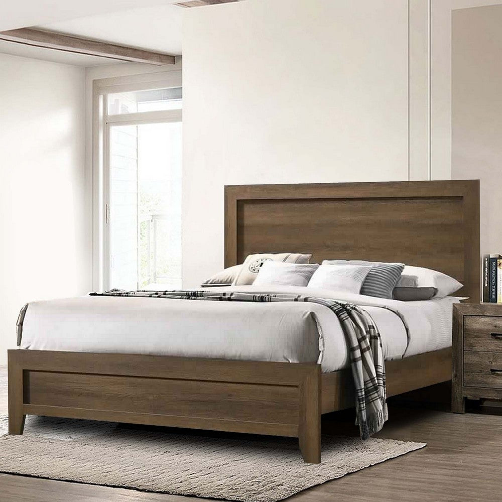 Benjara Transitional Style Wooden Eastern King Bed with Raised Molding Trim, Brown