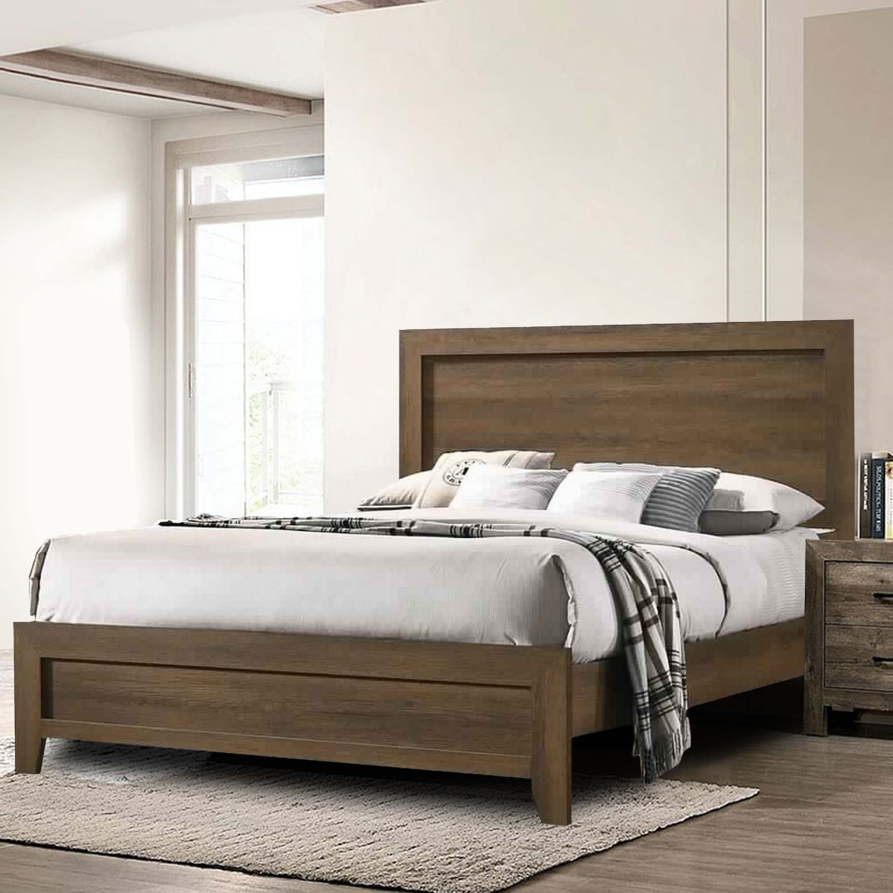 Benjara Transitional Style Wooden Eastern King Bed with Raised Molding Trim, Brown