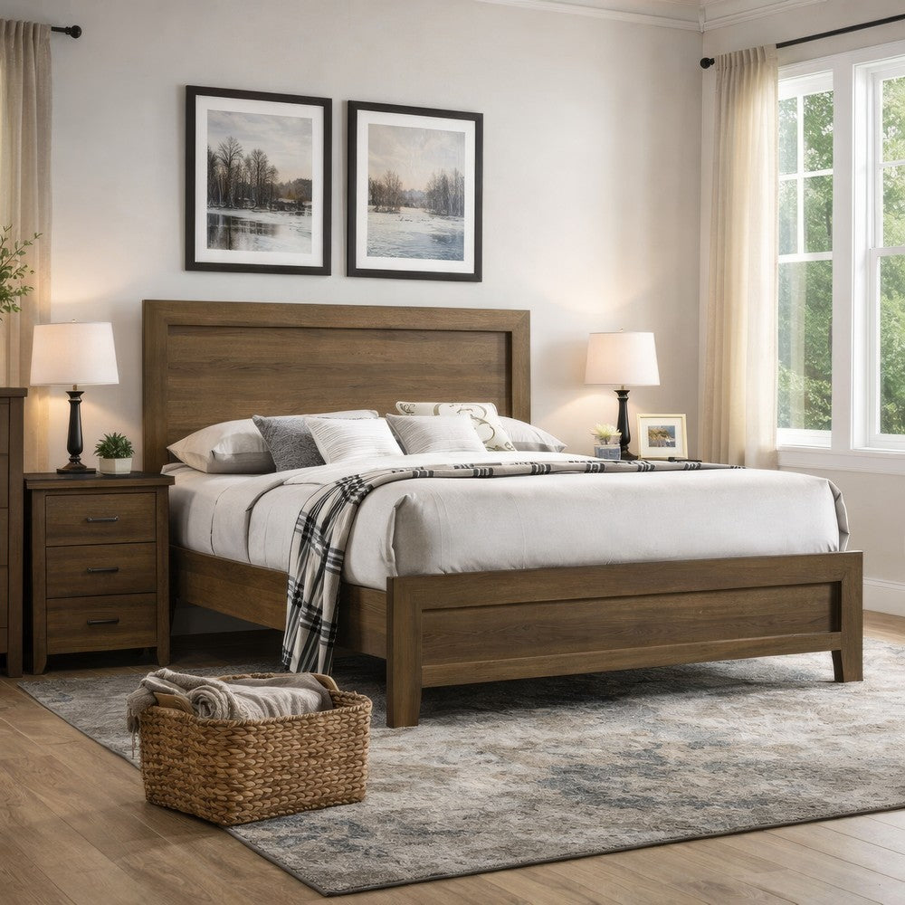 Benjara Transitional Style Wooden Eastern King Bed with Raised Molding Trim, Brown