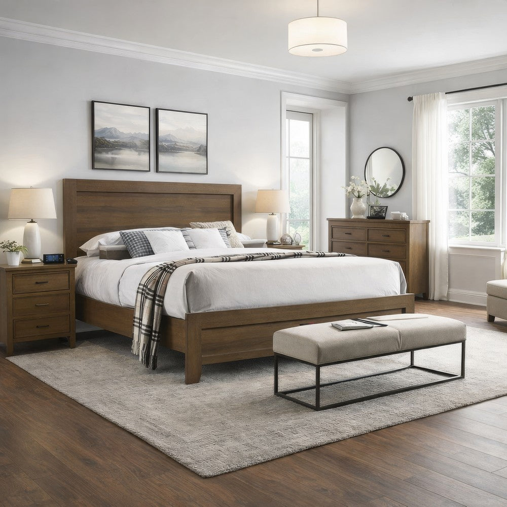 Benjara Transitional Style Wooden Eastern King Bed with Raised Molding Trim, Brown